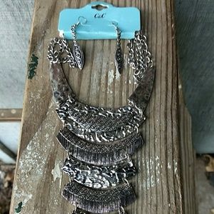 C & C Silver tone bib necklace set tribal look